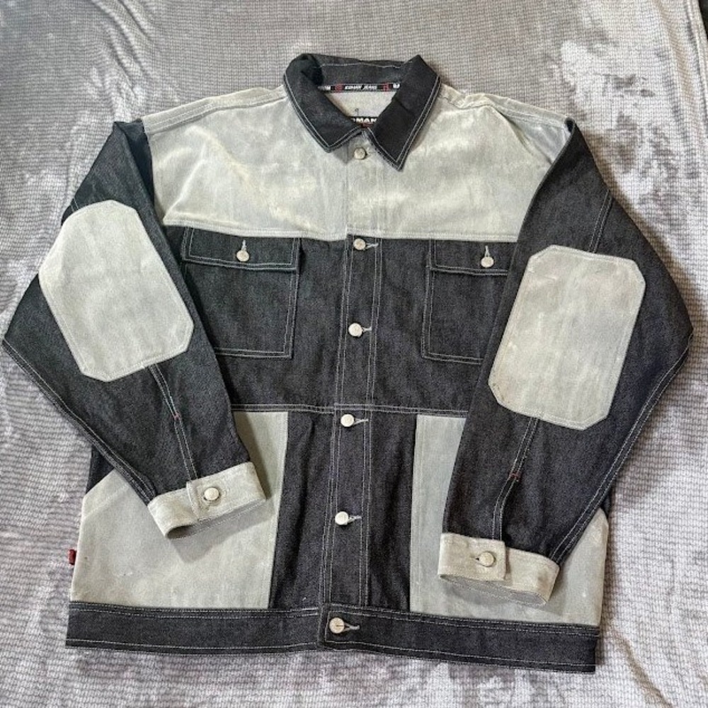 Vintage Koman Modern Basics Denim Jacket Colorblock Faux Suede Grey Black 2XL